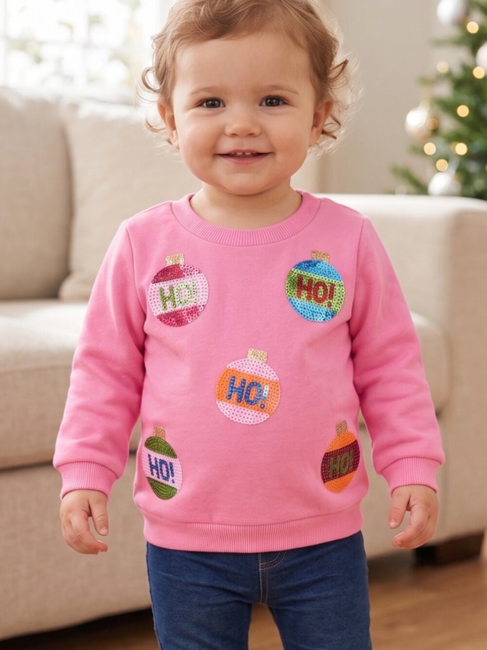NWT Mud Pie Baby Toddler Girl Pink Sequin Christmas Sweatshirt 12-18 Months